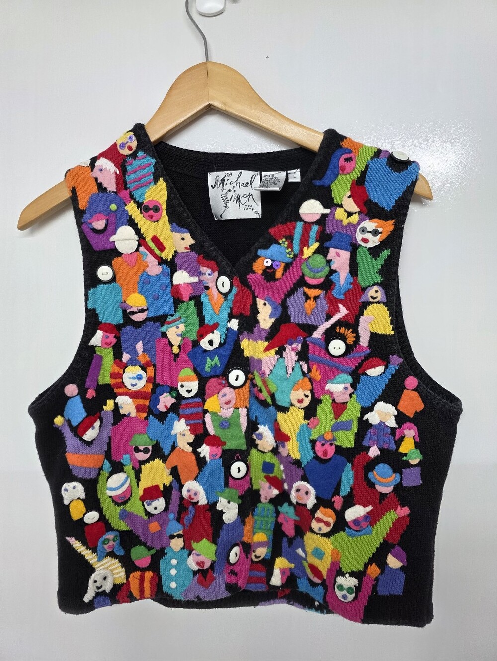 Michael Simon Black  Multi Color Crowd People Cardigan Vest L Vintage Rare
